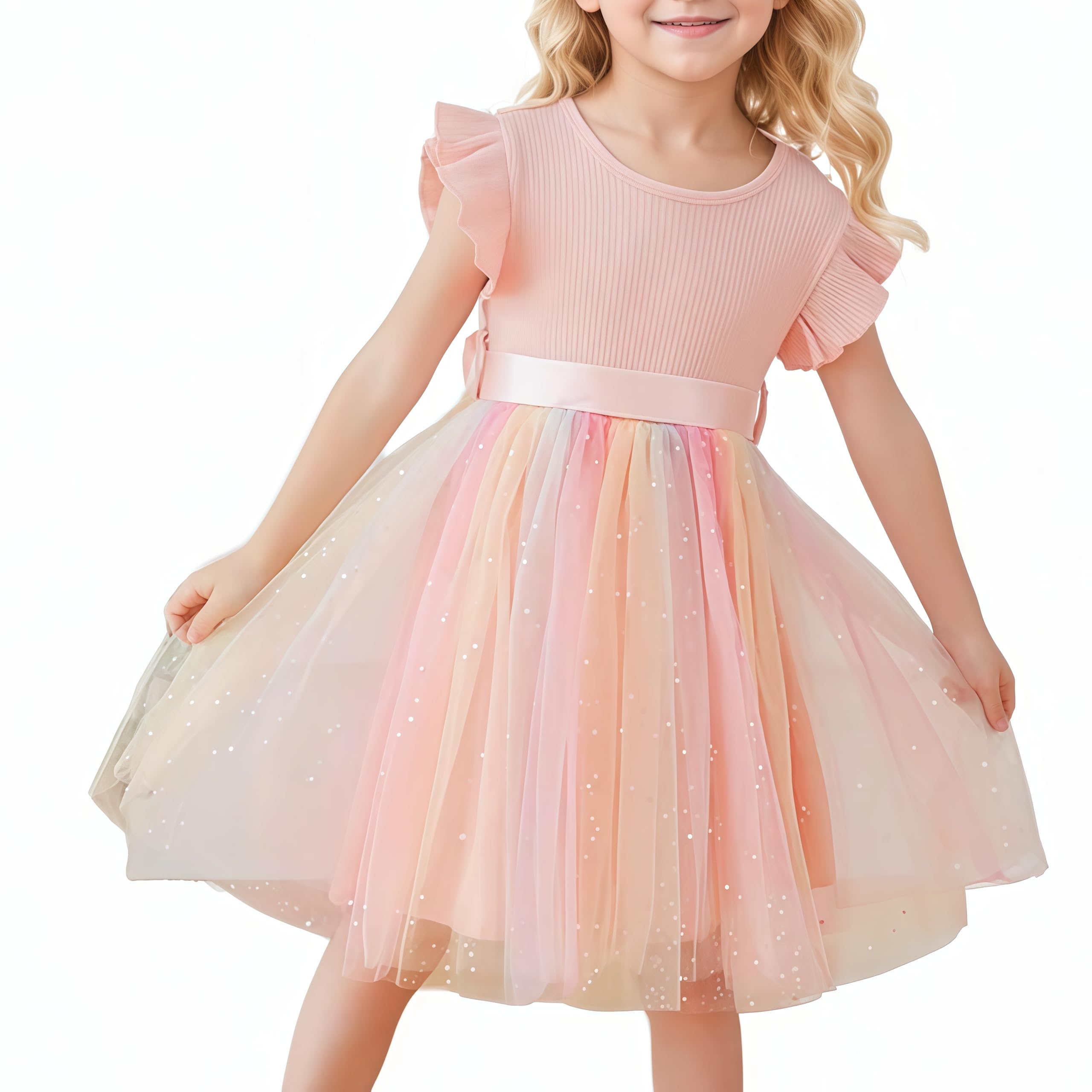 Photo 1 of Toddler Girl Summer Dress Tulle Ruffle Sleeveless Baby Girl Fashion Casual Spring Dresses 1-5Y(Pink 02,4 Years)