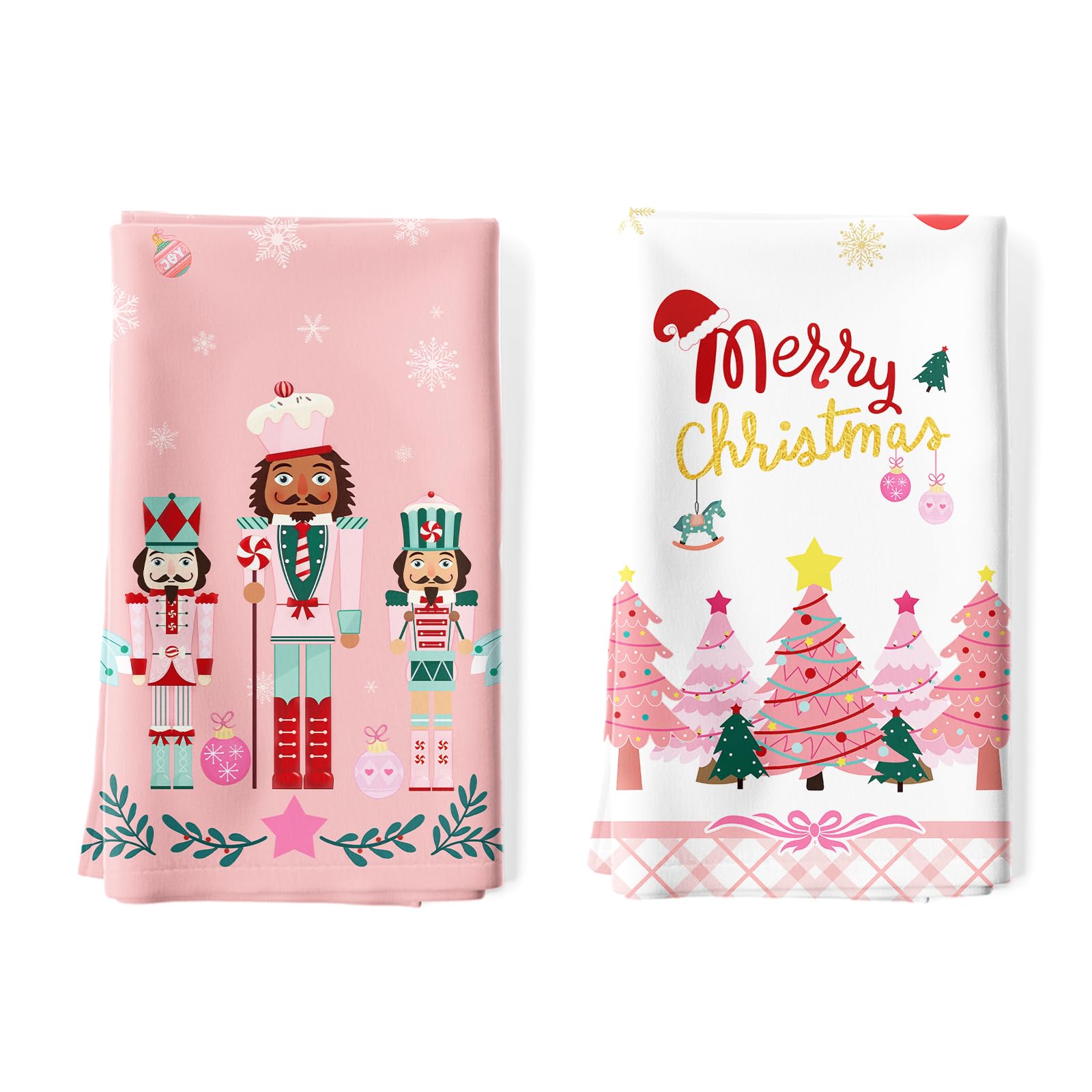 Arquiel 2 Pcs Pink Nutcracker Kitchen Towel 100% Cotton Winter Christmas Absorbent Dish Towel 70 x 48 cm Housewarming Christmas Tree Decorative Hand Towel for Dining Home