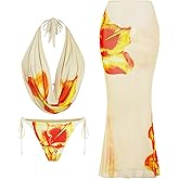 ZAFUL Women's 3 Piece Floral Swimsuit Draped Neck Halter Bikini Tie Side Bathing Suit with Sheer Cover Up Skirt