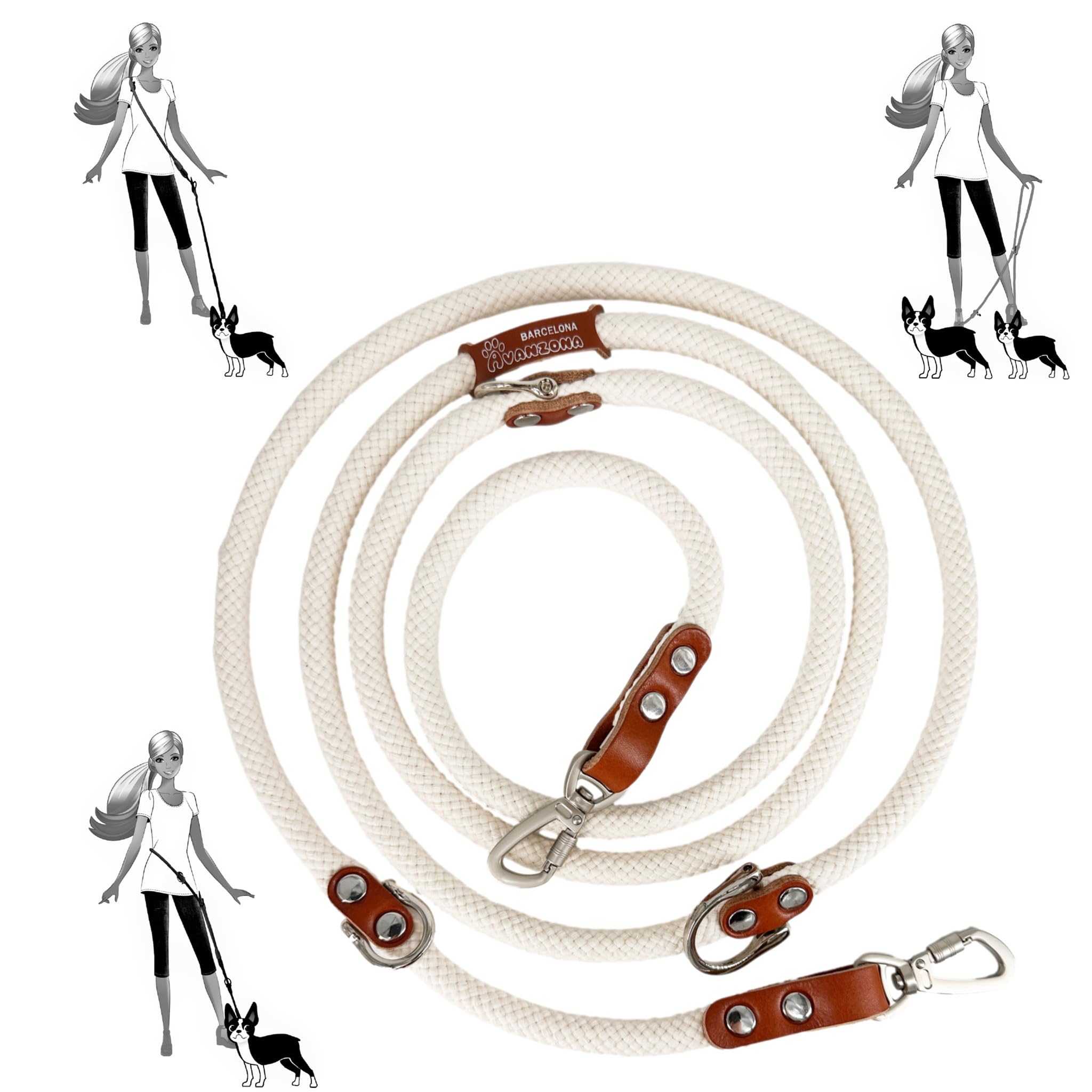 Hands Free Dog Lead, Double Ended, Multiposition, MultiFunction, for Small Medium Large Dogs, Cotton and Leather, Made in Spain. White & Cognac. — image 1