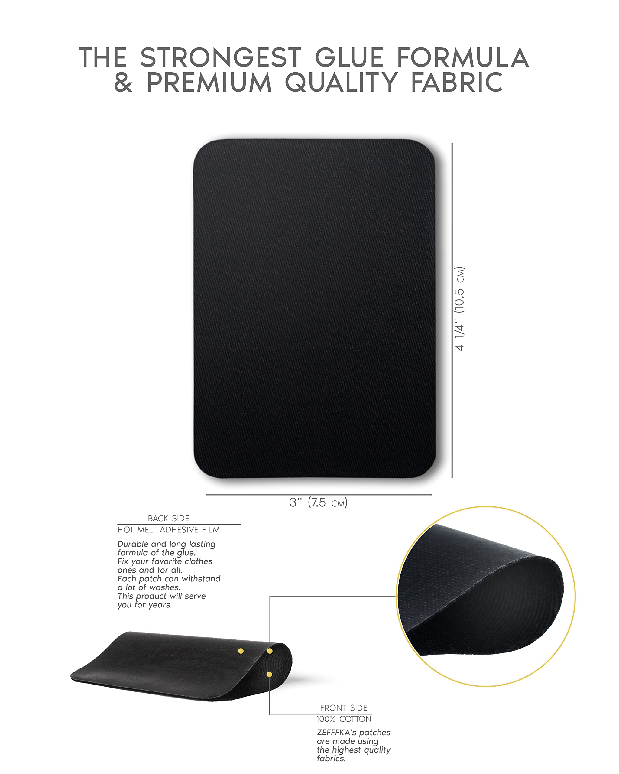 ZEFFFKA Premium Quality Fabric Iron-on Patches Inside & Outside Strongest Glue 100% Cotton Black Repair Decorating Kit 12 Pieces Size 3