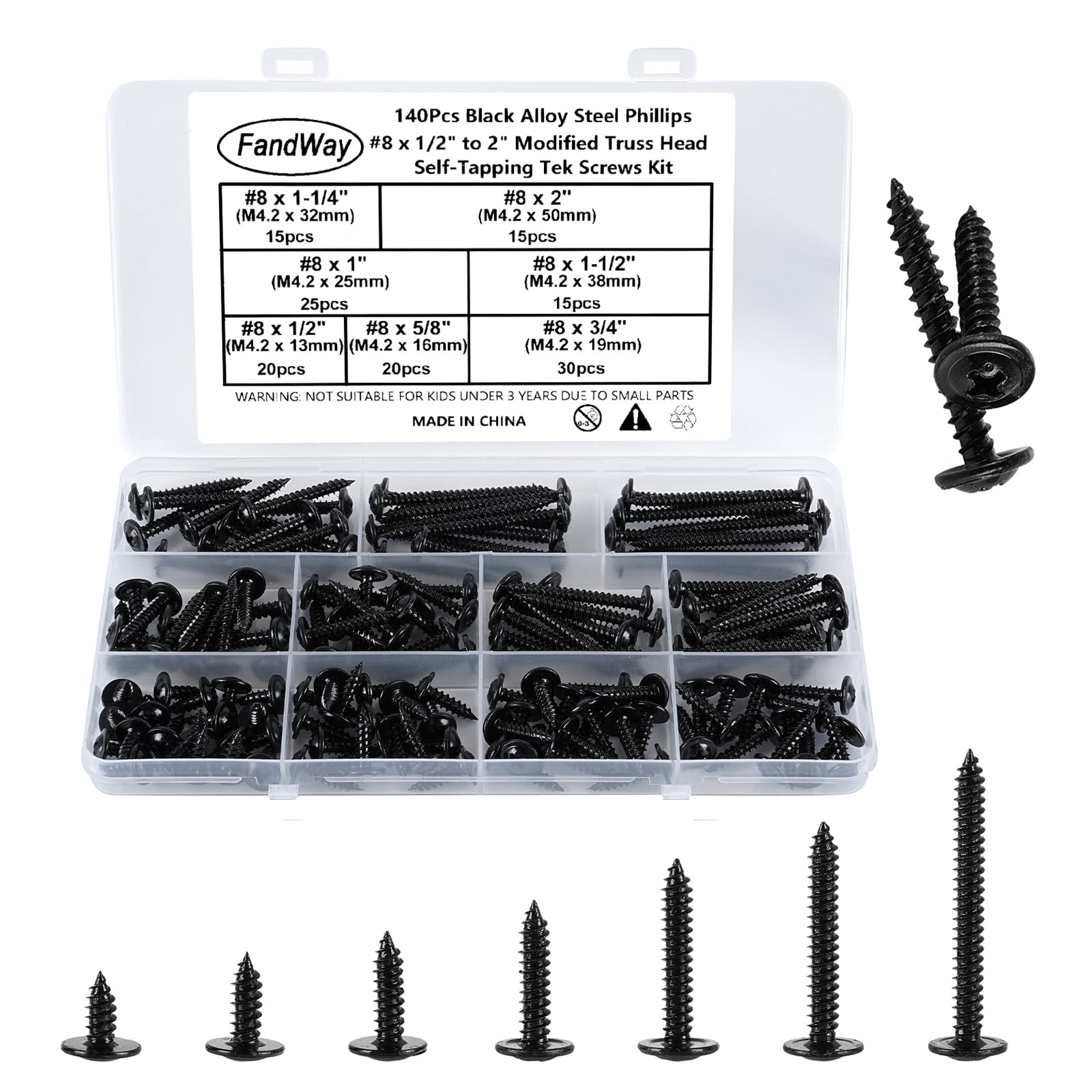 FandWay 140Pcs Wafer Head Self Tapping Screws,M4.2x13~50mm Wood Screws Black,Modified Truss Head Self Drilling Screw,Carbon Steel Sheet Metal Screw for Aluminum WoodWork Plastics.