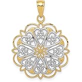 14k Yellow Gold and Rhodium Plated Filigree Mandala Pendant for Women with Symmetrical Floral Design, Openwork Boho Jewelry, Spiritual Floral Charm, Ornate Gold Necklace for Meditation and Yoga