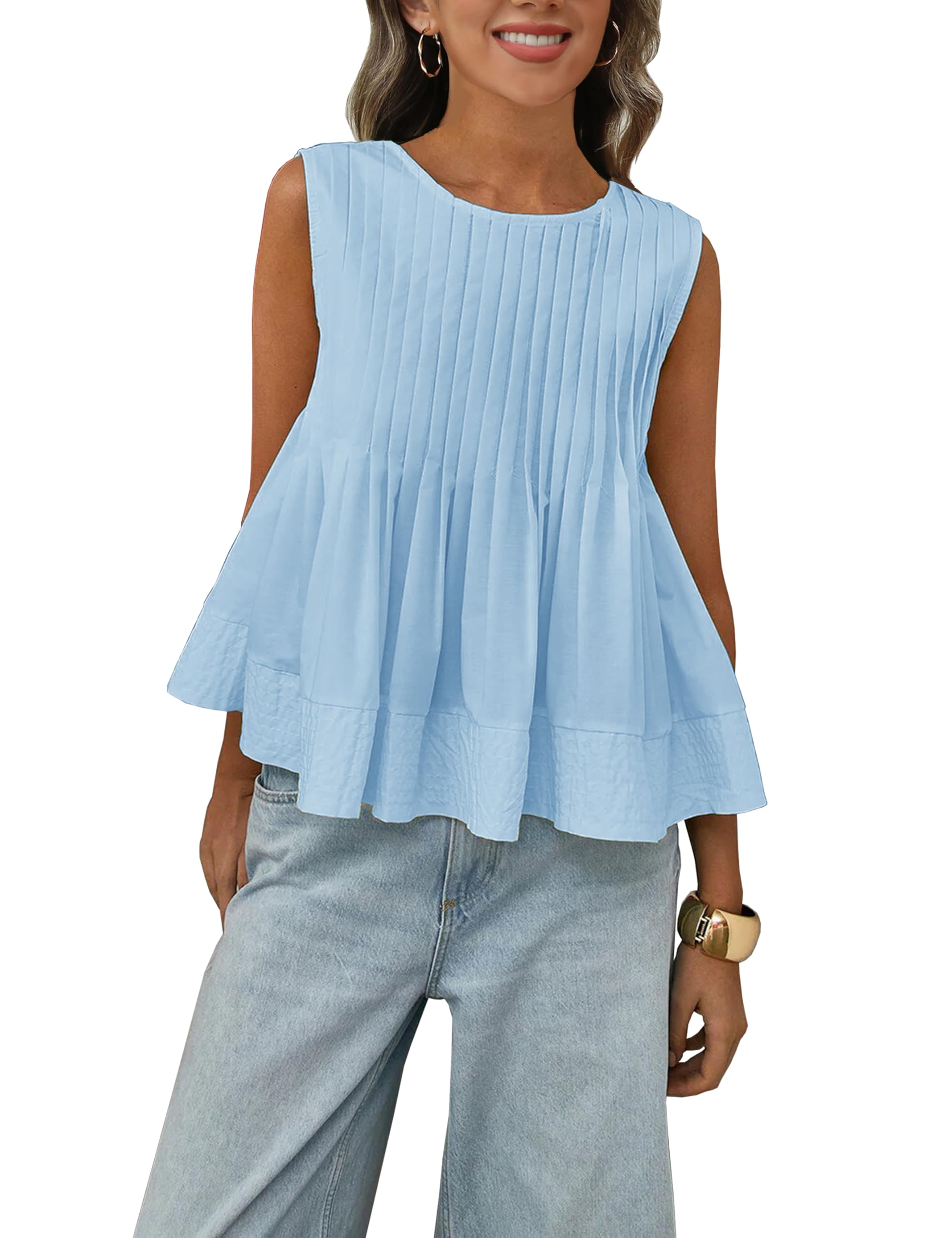 Photo 1 of Megfie Womens Summer Pleated Peplum Sleeveless Blouse Tank Tops Round Neck Y2K Babydoll Blouse Shirt(0869-Blue-XL)