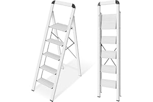 KINGRACK Aluminium 5 Step Ladder, Lightweight Step Stool with Non-Skid Pedals, Handrail, Foldable Step Ladder for Kitchen, Garage, Home, Space Saving, Sturdy and Portable, Silver
