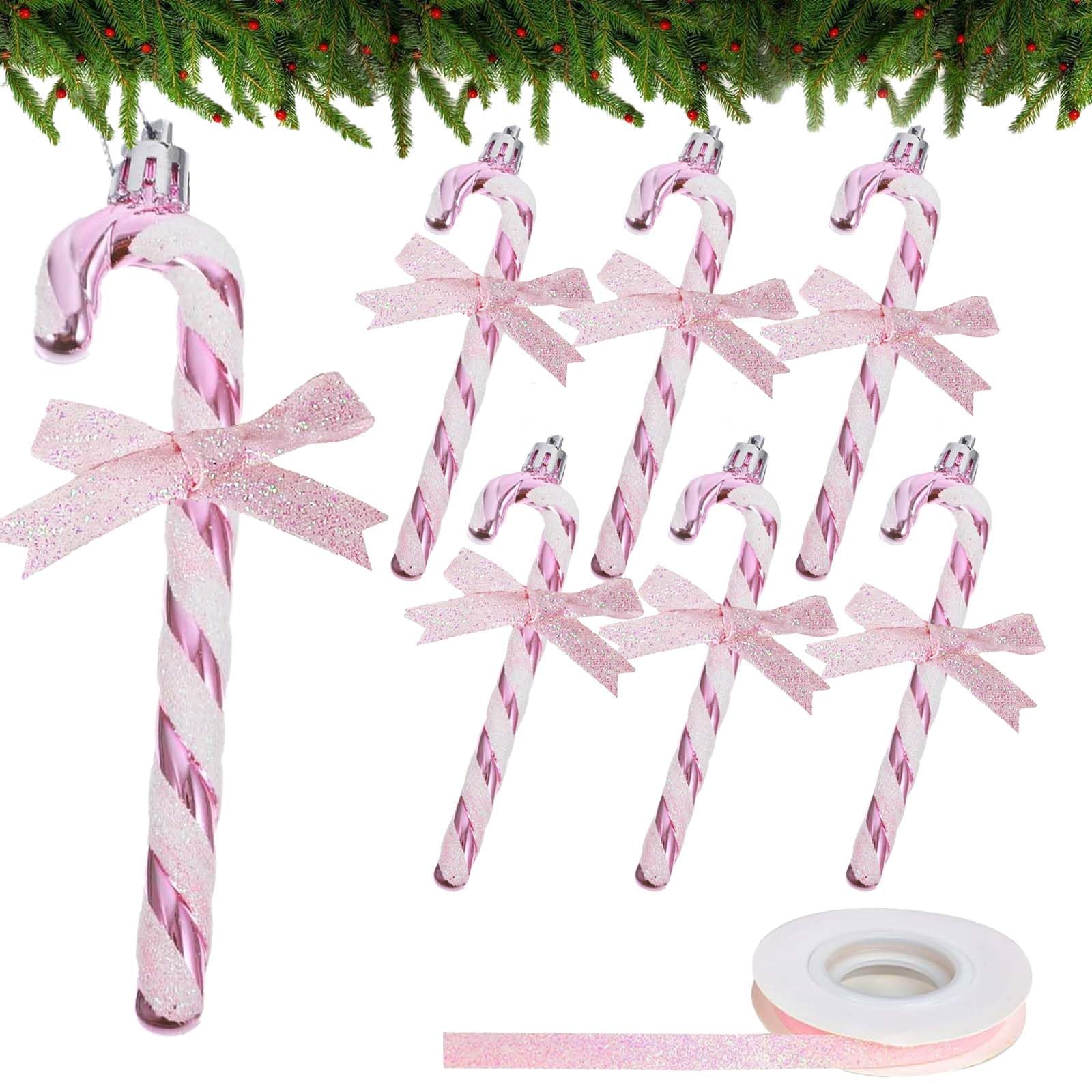 6pcs Pink Christmas Decorations, Candy Cane Christmas Decorations Glitter Pink Christmas Tree Decorations Candy Cane with Ribbon for Christmas Tree Decoration Hanging Ornaments (Pink)