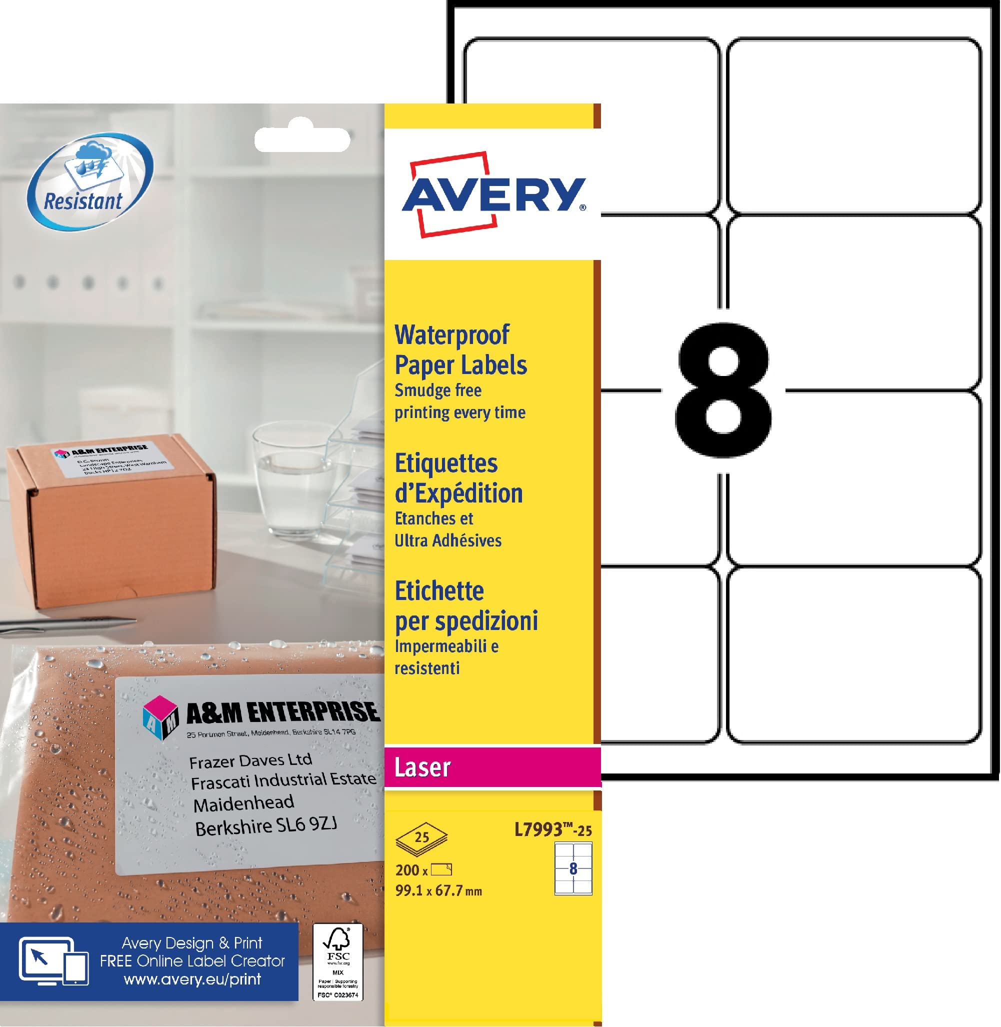 Avery Printable, Customisable Weatherproof/Waterproof, Parcel Mailing Labels, Laser Printers, L7993-25, White, 8 Per A4 Sheet.
