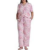 Karen Neuburger Women's [Plus Size] Button Up Notch Collar Elbow Sleeve Top and Pant Bottom with Lace 2-Piece Pajama Set