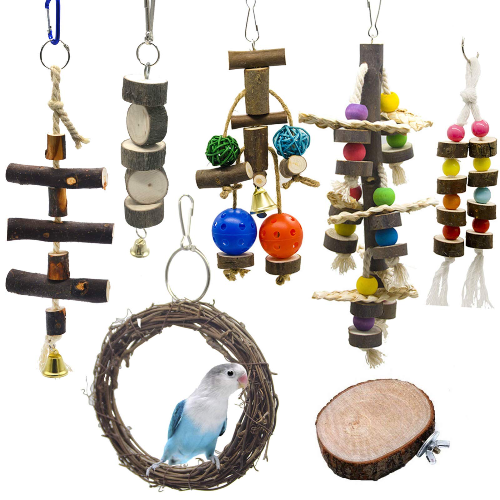 Chikanb 7-Pack Parrot Toys African Grey, Parrots Swing Chewing Hanging Toy, Colorful Bell Hammock Ladder Perch Platform Chewing Toys for Parakeets Cockatiels, Macaws, Love Birds, Finches, Little Birds