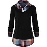 Oyamiki Women's Casual Collared Curved Hem 2 in 1 Pullover Tops Plaid Contrast Shirt Blouse