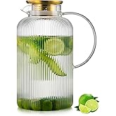 Buaic Glass Pitcher with Lid, 100 oz/ 3 Liter Classic Vertical Stripes Water Pitcher,Glass Water Carafe for Cold Brew, Coffee, Lemonade, Iced Sun Tea,Beverage, Milk, Heat Resistant