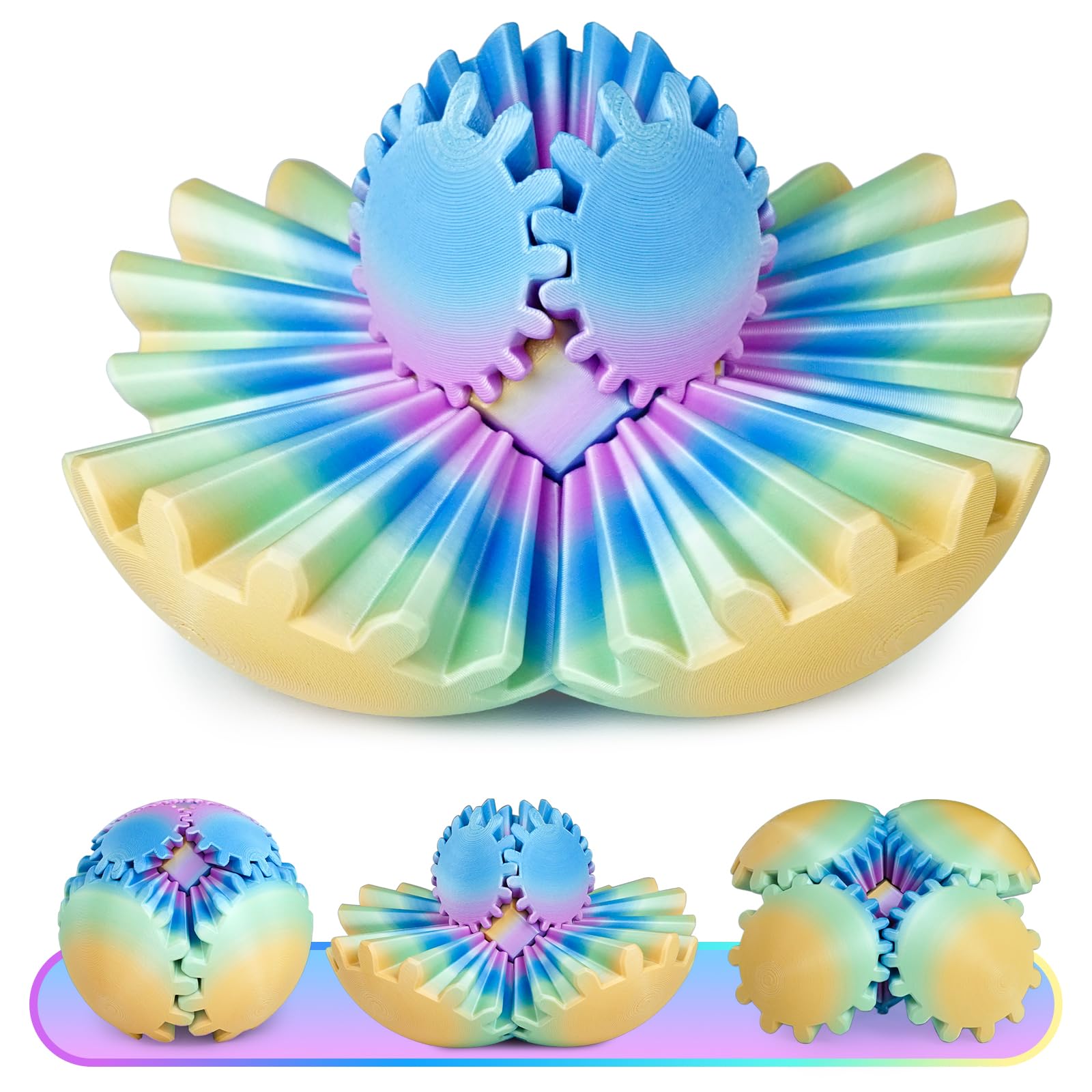 Multicoloured Gear Ball Fidget Toys 3D Printed Gear Sphere Stress Relief Cool Office Desk Toys GearSphere for Anxiety Relaxing Gift for Adults Kids Christmas Easter Birthday(Ocean Aurora,3.3") — image 1
