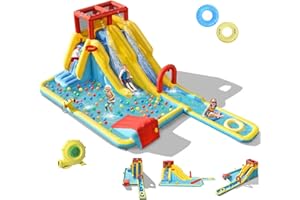 BOUNTECH Inflatable Water Slide, 7 in 1 Double Long Slide Giant Water Park w/Blower, Climbing Wall, Swimming Pool, Basketball