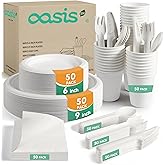 OasisSN 350PCS Disposable Paper Dinnerware Set for 50 Guests, Compostable 50 Dessert Plates, 50 9 inch Plates, 50 Cups, 50 Spoons, 50 Forks, 50 Knives and 50 Napkins, Perfect for Parties(White)