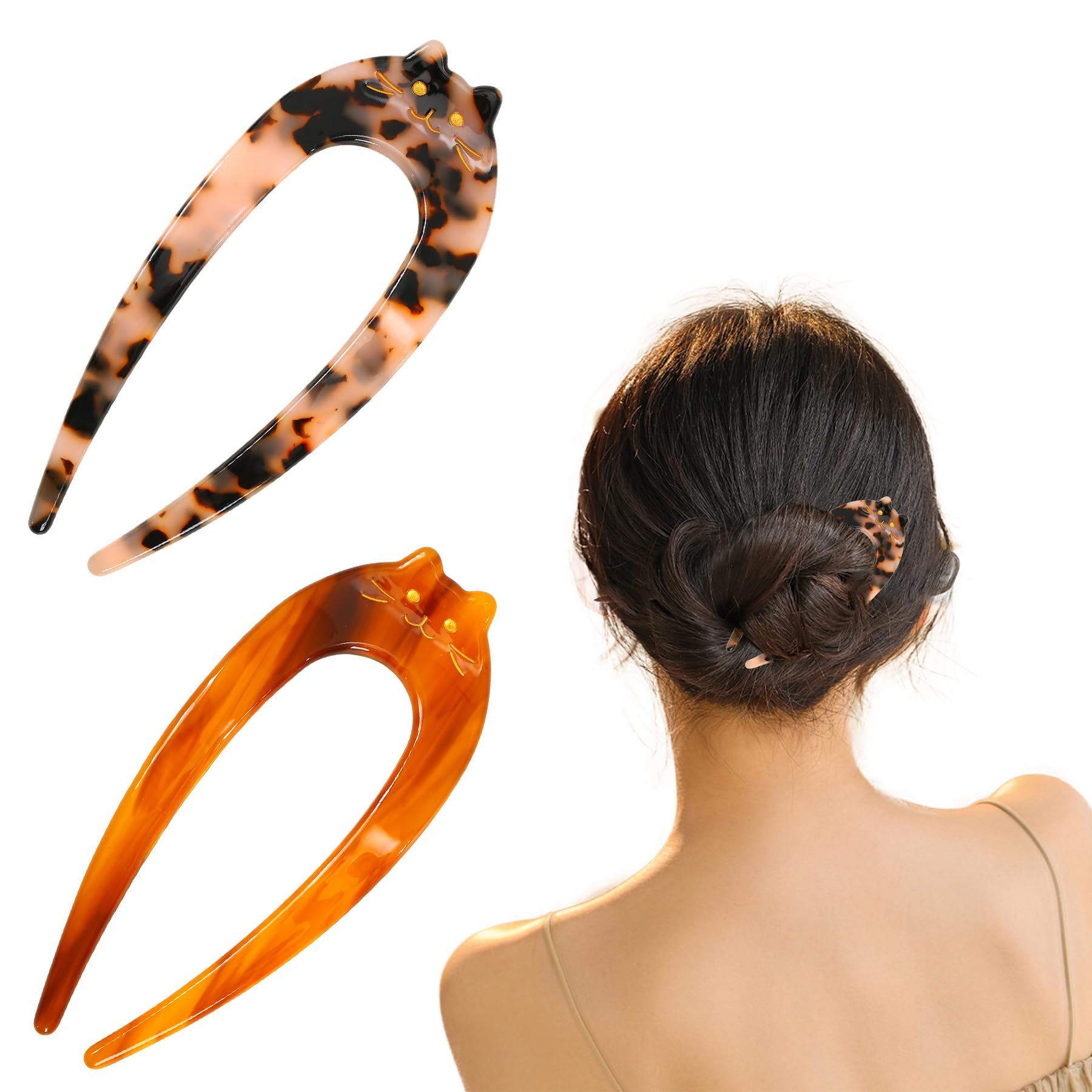 French Hair Pin - 2PCS French Twist Hair Pin, Chignon Hair Pin, Hair Pins for Women, Retro U-shaped Chignon Hairpin for Women, Hair Pins for Buns, Hair Fork, Fork Sticks 2 Prong Updo Chignon Pin Women