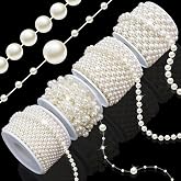 Towenm 4 Rolls 76 Feet Pearls String Garland, Faux Pearl Beads Roll Strand for Crafts, Artificial Pearls Chain Trim for Wedding Party Flower Valentine Christmas Decoration, 4mm 6mm 8mm 8+3mm, Ivory