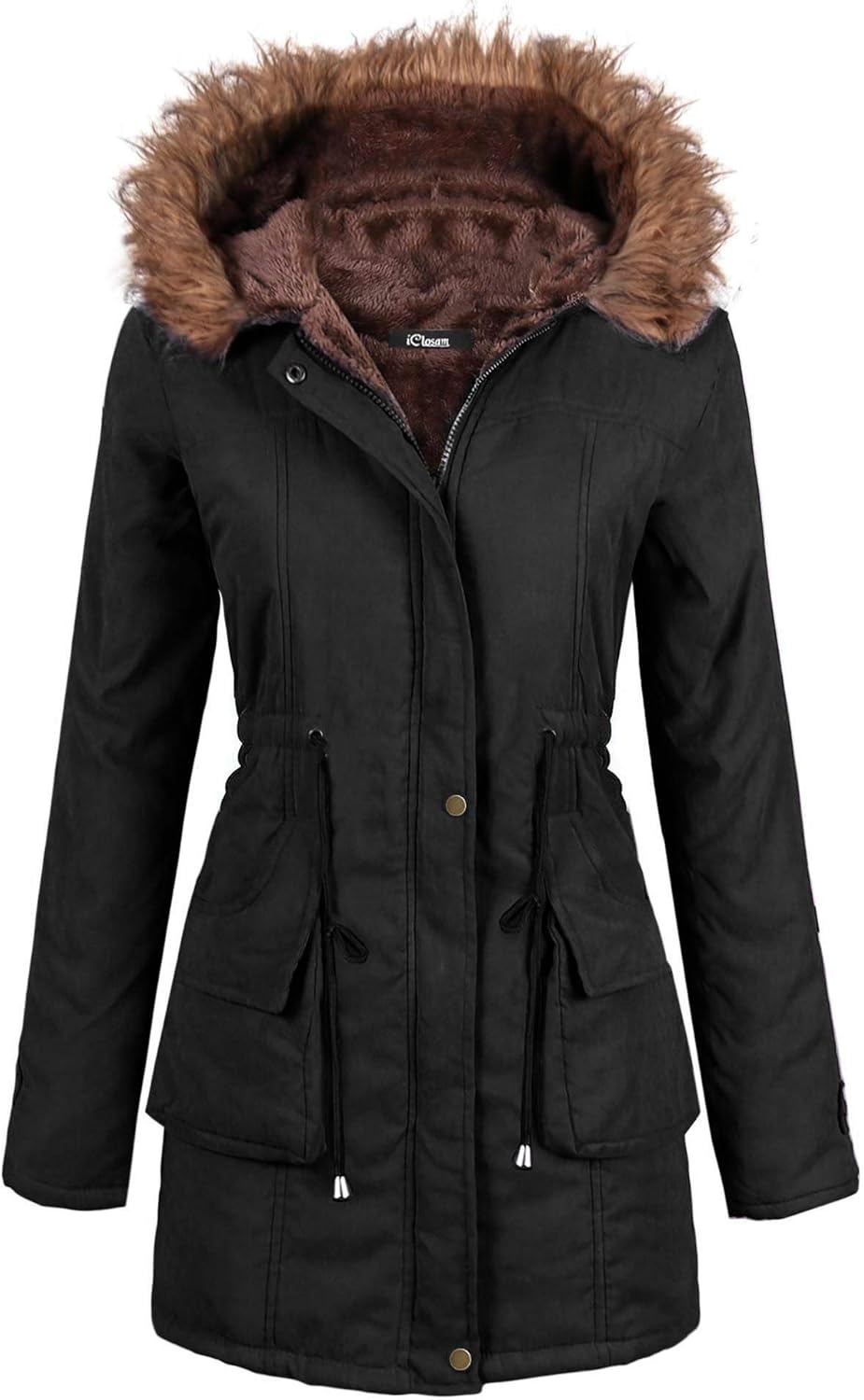 Sykooria Womens Hooded Faux Fur Anroak Outwear Jacket Warm Winter Thicken Fleece Lined Parkas Long Coats