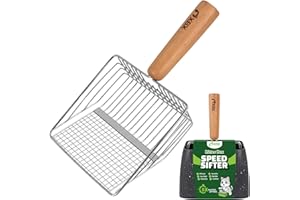 XBX Cat Litter Scoop with Holder, Heavy Duty Litter Sifter, Stainless Steel Litter Shovel, Litter Scooper with Beech Wood Grip and Washable Stand, Perfect for Cat Litter Box Cleaning