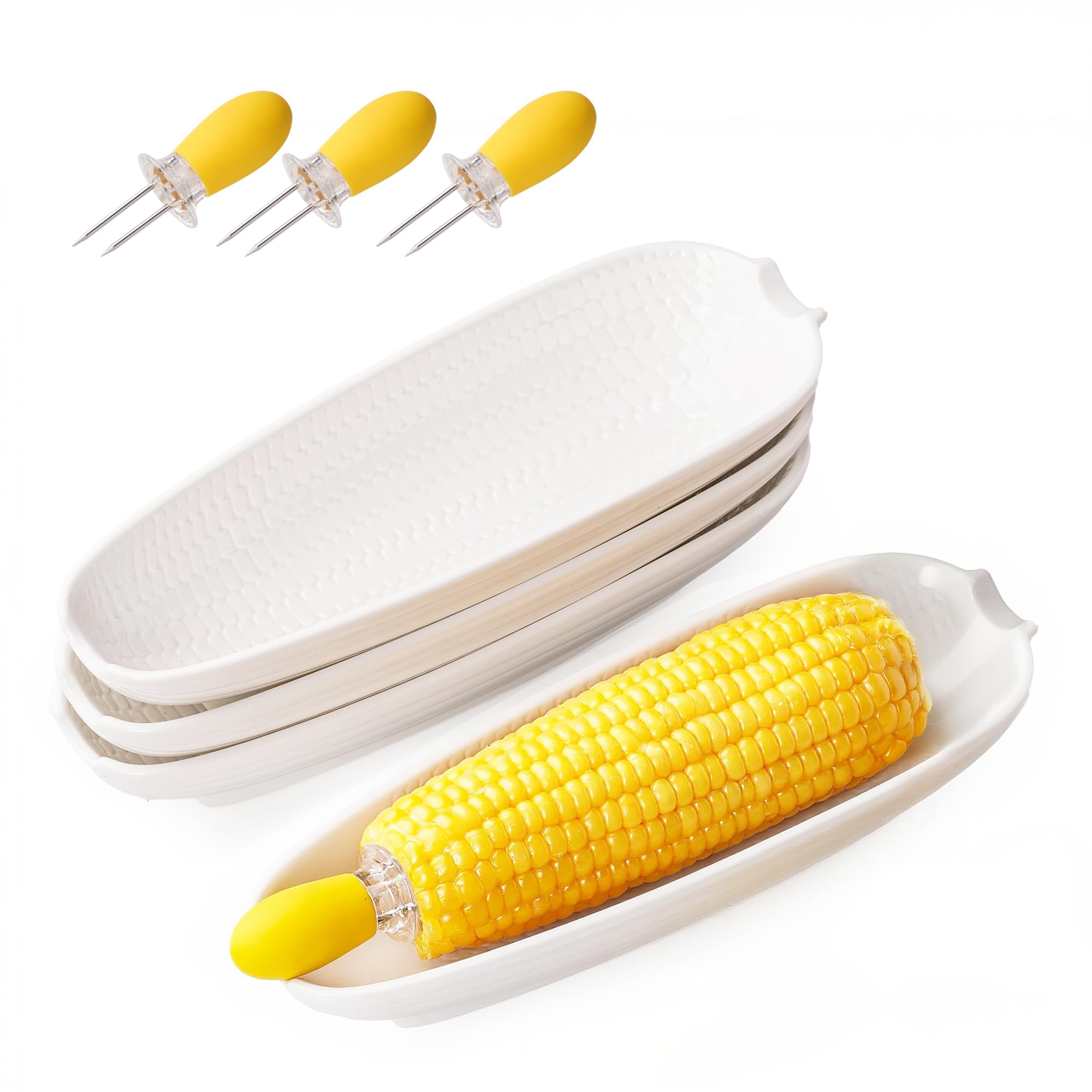 Photo 1 of Dafuceramic Porcelain Corn Cob Holders 8.8" Corn Dishes Set of 4 White Dishes With Stainless Steel Corn Cob Holders 4 pcs Microwave Dishwasher Oven Safe