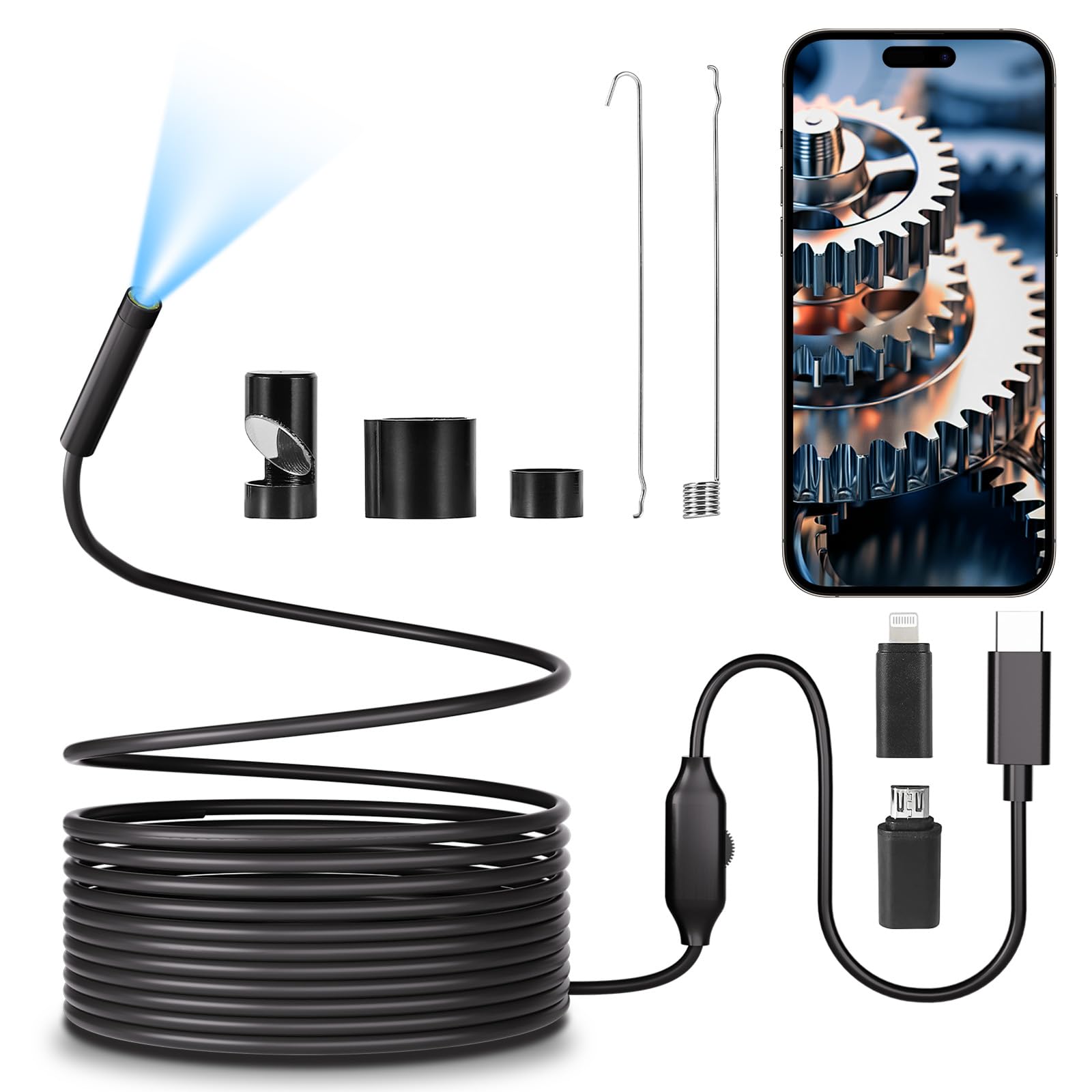 Photo 1 of POLEDY Endoscope Camera with Light, 1920P HD Borescope, 8 Adjustable LED Light, IP67 Waterproof 16.4ft Snake Camera, Semi-Rigid Cable Inspection for Android, iOS