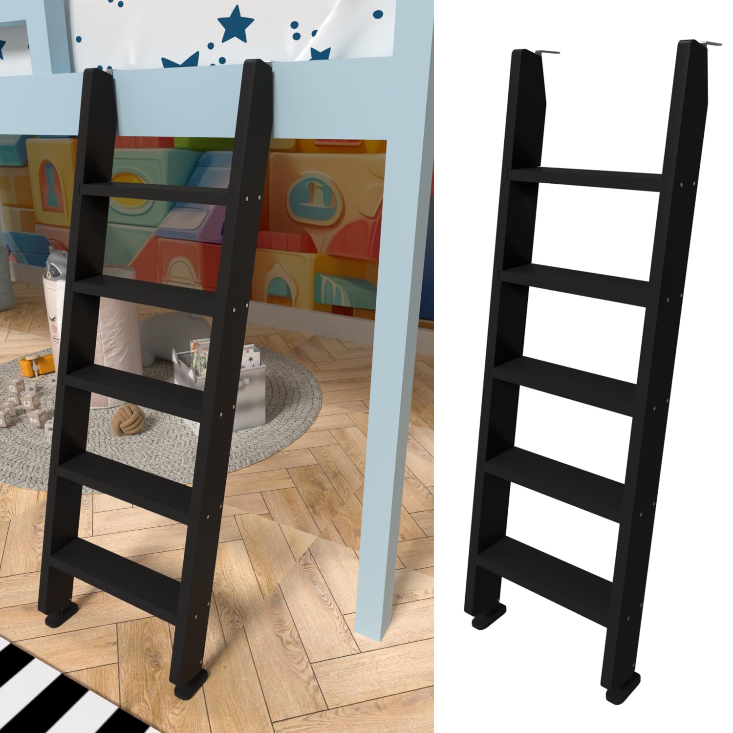 Photo 1 of Black Wood Bunk Bed Ladder 50"/ 55"/ 60", Lofted/Dorm/RV Bed Bunkbed Ladders with 4 in Extra Deep Steps & Non-Slip Pads, Replacement Wooden Ladder for Motorhome/Camping - Load 660 lbs