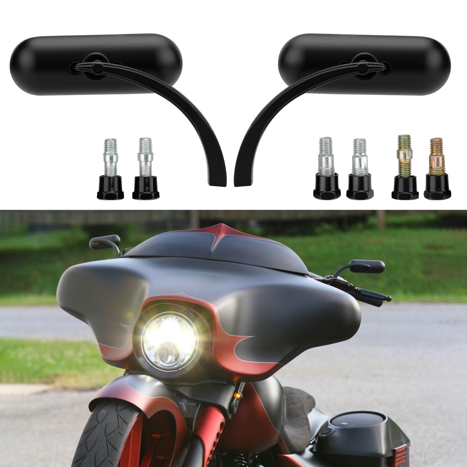 Photo 1 of RIDLOG Universal Motorcycle Oval Mirrors with Long Stems, Fit for Honda Kawasaki Suzuki, 360 Degree Adjustable 8MM 10MM Mini Oval Rearview Mirrors Sportster Street bike Cruiser (Black)