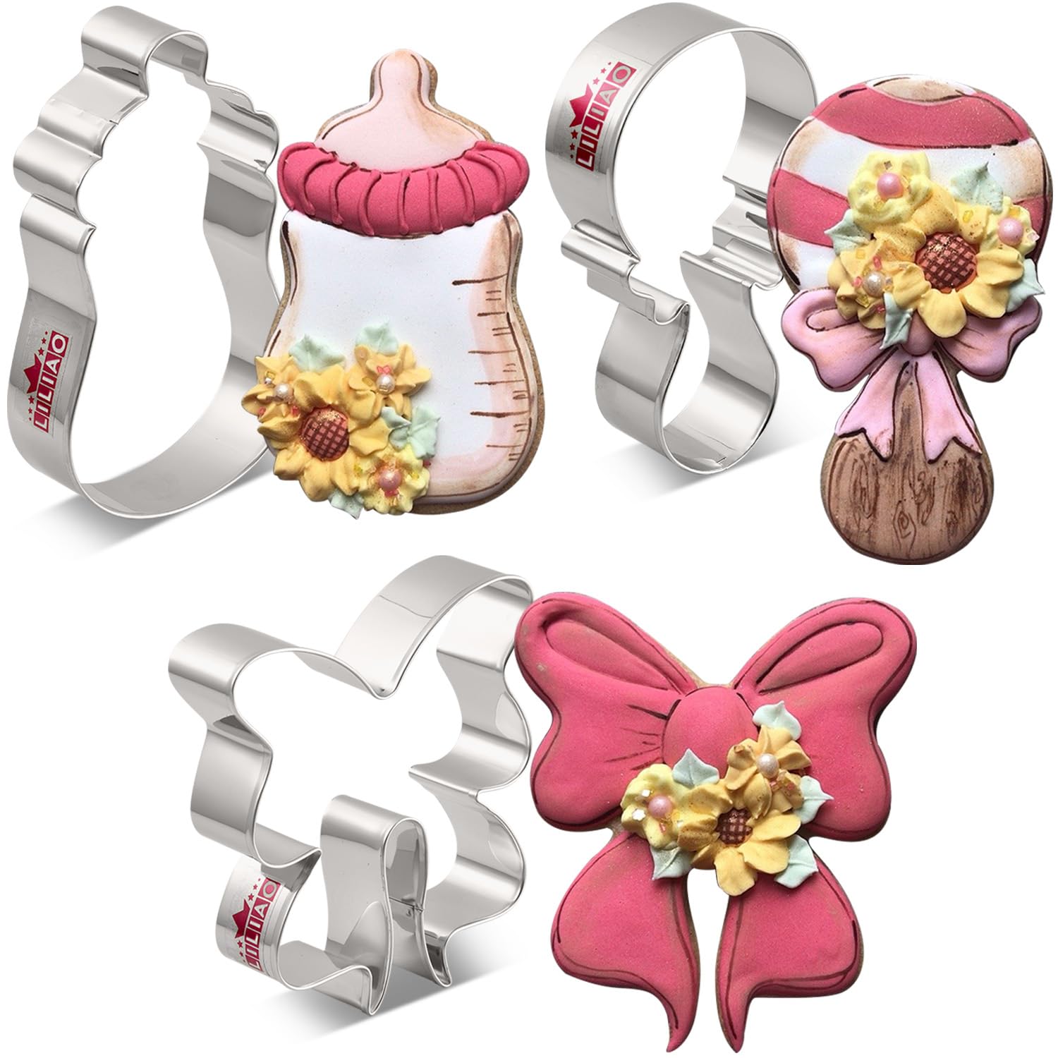 LILIAO Baby Shower Cookie Cutter Set - 3 Piece - Bottle, Rattle and Bow/Ribbon Biscuit Fondant Cutters - Stainless Steel
