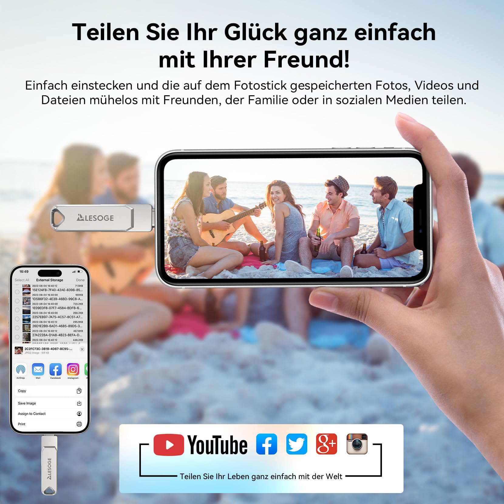 LESOGE MFi-Zertifizierter USB C Stick 128 GB,Mini USB Stick Handy Fotos Speichern,3 in 1 USB C und 3.0 Stick,Externer Speicher für Fotos und Videos,Photo Stick für iPhone/iPad/Android/PC/Mac (Silber) 5