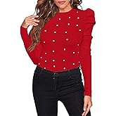 Remidoo Women's Solid Round Neck Puff Long Sleeve Slim Fit T Shirt Tops