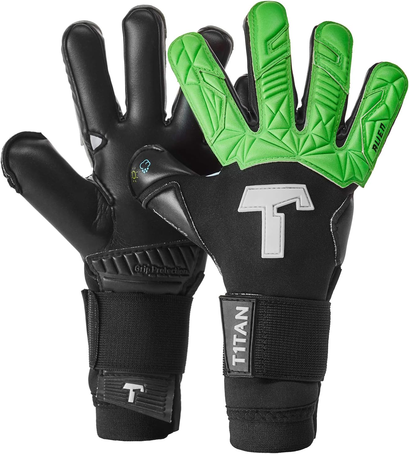 T1TAN Alien Black & Green Junior goalie gloves for kids, goalkeeper