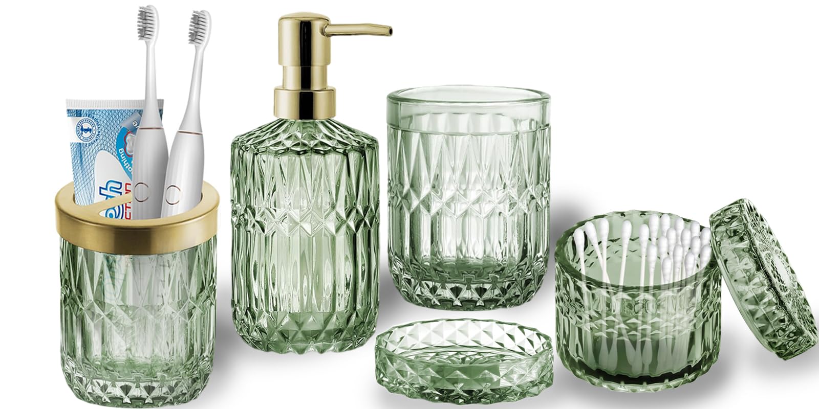 5Pcs Bathroom Accessories Set with Toothbrush Holder, Mouthwash Cup, Soap Dish, Lotion Dispenser, Cotton Swab Jar, Modern Decor Crystal Vintage Gift for Elegant Bathroom Decoration(Clear Green Glass)
