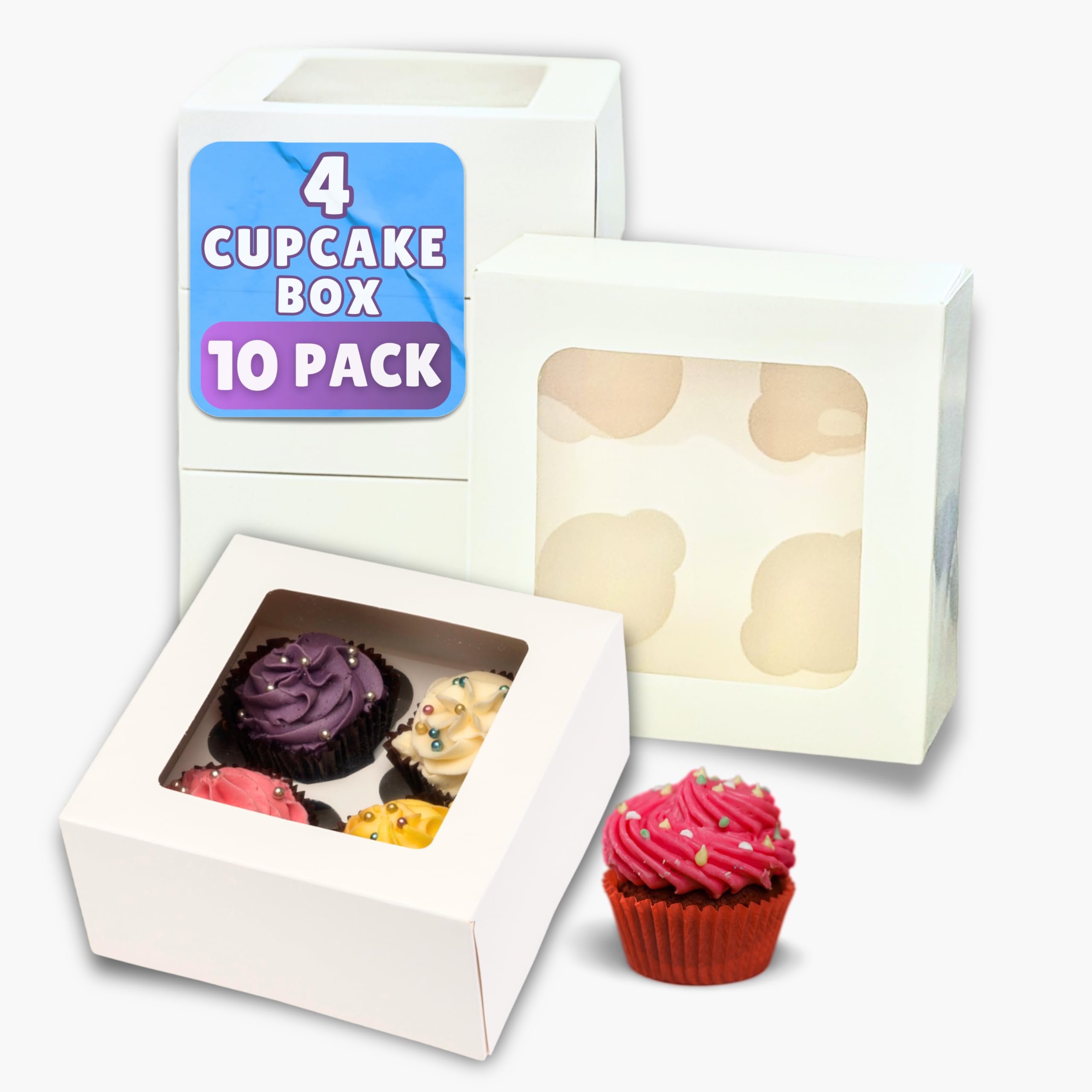 PACK N TRADE 10 Pcs cupcake boxes 4 hole - Removable Inserts Deep cake boxes for cupcakes – White cup cake boxes (17.7 x 17.7 x 7.5 cm) with Clear Window - Ideal for Muffins, Cupcakes