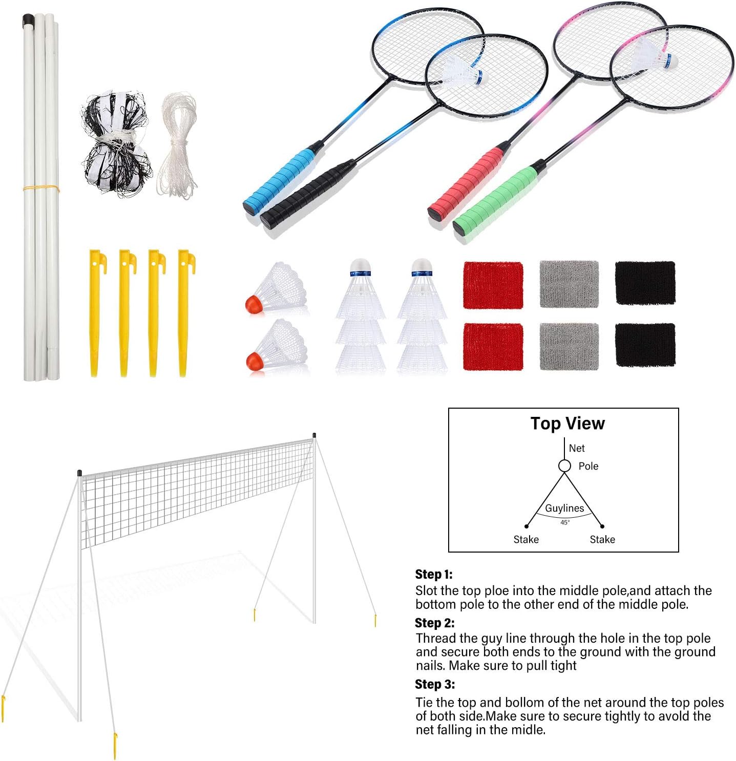 Badminton Racket Set 4 Pieces Badminton Rackets with 8 Shuttlecocks Nets 3 Pairs Wrist Bands Badminton Shuttlecock Complete Sets for Most Players Outdoor Sports : Sports & Outdoors