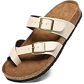 Yozuru Womens Cork Footbed Sandals Comfort Open Toe Slides Adjustable Buckle Beach Summer Flat Sandals with Arch Support