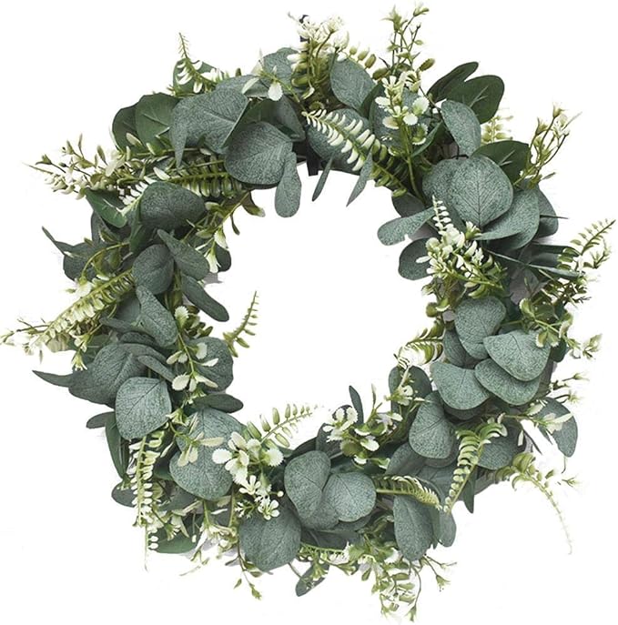 16.5 inch Artificial Eucalyptus Wreath,Green Eucalyptus Wreath,Reusable Artificial Leaf Wreath