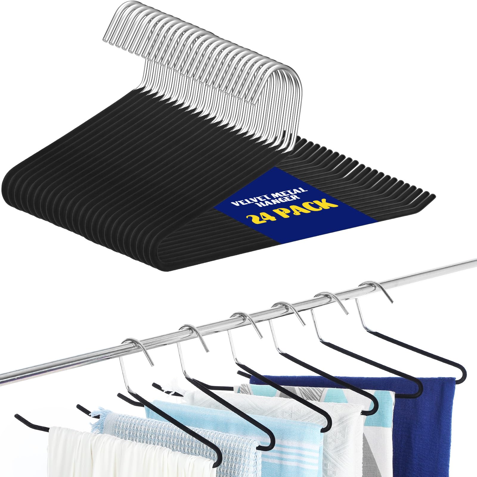 Photo 1 of 24 Pcs Threehoney Velvet Metal Pants Hanger Non-Slip Heavy Duty 13. 58 Inches-inch Long Open Ended Hangers Closet Space Saving Clothes Hanger Set for Pants Trouser, Blankets, and Jeans, Scarf, Black