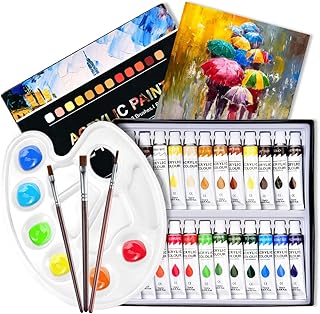 ATMOKO 29 Stück Acrylfarben Set, 24pcs Acrylfarben+3pcs Künstlerpinsel+1pcs Mischpalette+1pcs Leinwand, Perfekt für Leinwand, Holz, Stoff, Ungiftige Acrylfarben Set für Anfänger, Künstler