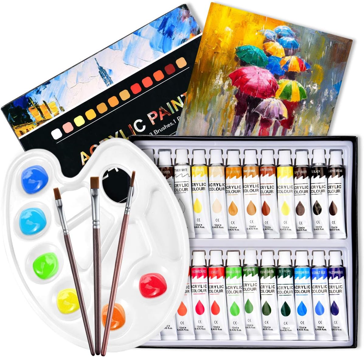 ATMOKO 29 Stück Acrylfarben Set, 24pcs Acrylfarben+3pcs Künstlerpinsel+1pcs Mischpalette+1pcs Leinwand, Perfekt für Leinwand, Holz, Stoff, Ungiftige Acrylfarben Set für Anfänger, Künstler