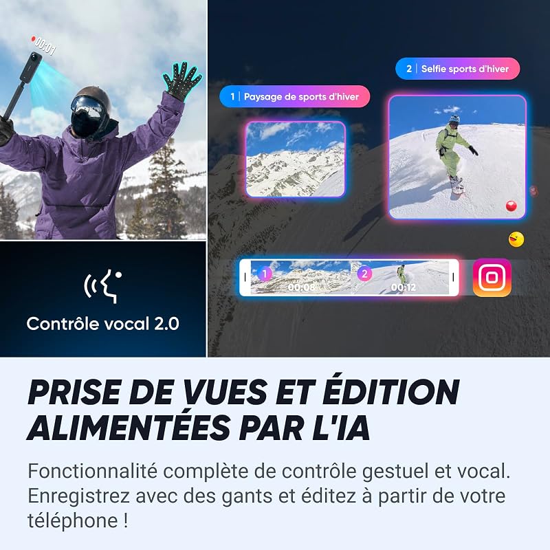 X4 Pack Snowboard - Caméra d'action 360 8K étanche, vidéo Grand Angle 4K, Perche à Selfie Invisible, protège-objectifs Amovibles, 135 Min d'autonomie, édition IA, stabilisation, pour Sport