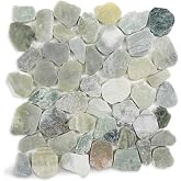 Adolif Green Pebble Tile for Shower Floor, Stone Backsplash Tiles, 5 Pcs | Slip-resistant 12"X12" Pebble for Bathroom, Kitchen, Walls &amp; Outdoor Areas, Mesh-Backed Easy to Install, 5 SqFt