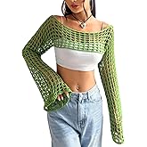 hathne Women Hollow Out Sweater Crop Flounce Off Shoulder Open Knit Top See Through Crochet Trumpet Long Sleeve Knit Top(Green,XL)