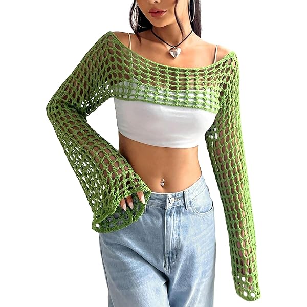 hathne Women Hollow Out Sweater Crop Flounce Off Shoulder Open