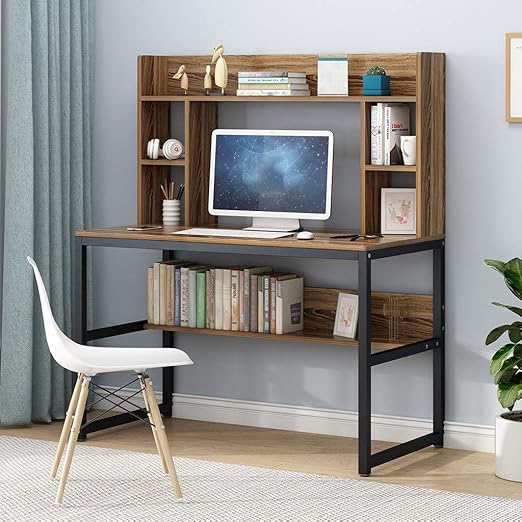 Amazon Com Computer Desk With Bookshelf 47 Inches Modern Writing Desk With Hutch Storage Shelves Home Office Pc Laptop Study Table Workstation Ship From Us 47x22 4x54 3 In Brown Kitchen Dining
