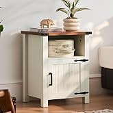 Joaxswe 18-Inch Nightstand with Charging Station and Fluted Door,White | 18-inch bedside table with AC and USB charging, open storage and a magnetic fluted door for bedroom essentials