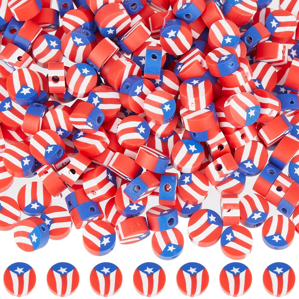 SUNNYCLUE 1 Box 200Pcs Independence Day Craft Beads Flag Polymer Clay Beads Mixcolor White Red Star US Flag Independence Day Round Polymer Clay Beads for Jewellery Making DIY Craft Bracelet Beginner