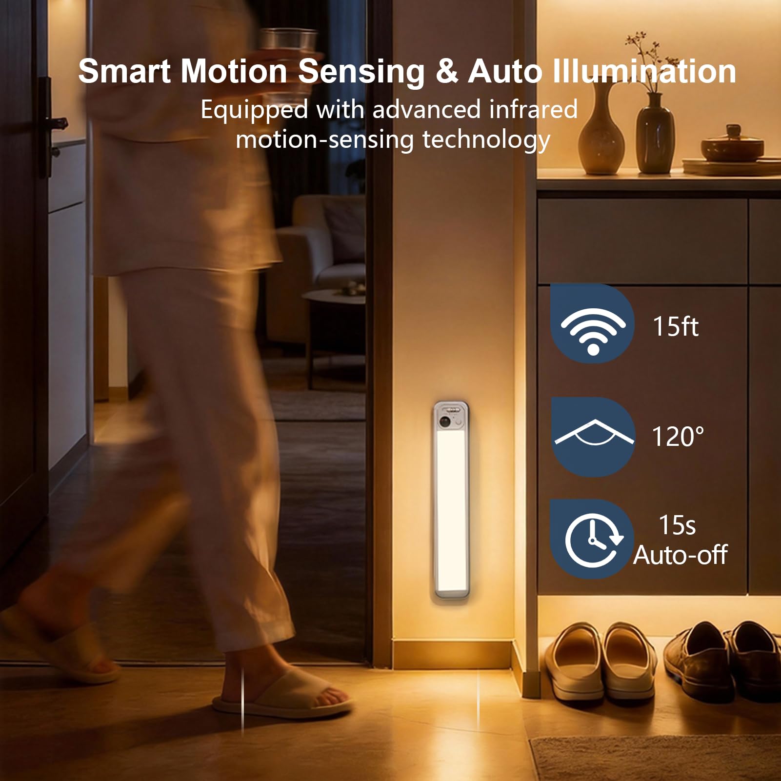 RUIKORING Under Cabinet Lighting, 3 Colors, Motion Sensor Light Indoor, LED Rechargeable Closet Lights Battery Operated, Dimmable Night, Stick-On Magnetic Cabinet Lights for Kitchen Stairs Hallway