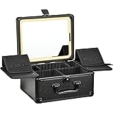 GALHUBIS Makeup Case with Lighted Mirror, Makeup Box Organizer with Detachable LED Mirror, Travel Makeup Train Case, Waterproof Cosmetic Organizer, Standing Makeup Brush Holder, Gift, Black