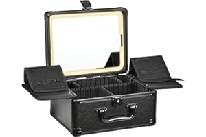 GALHUBIS Makeup Case with Lighted Mirror, Makeup Box Organizer with Detachable LED Mirror, Travel Makeup Train Case, Waterproof Cosmetic Organizer, Standing Makeup Brush Holder, Gift, Black