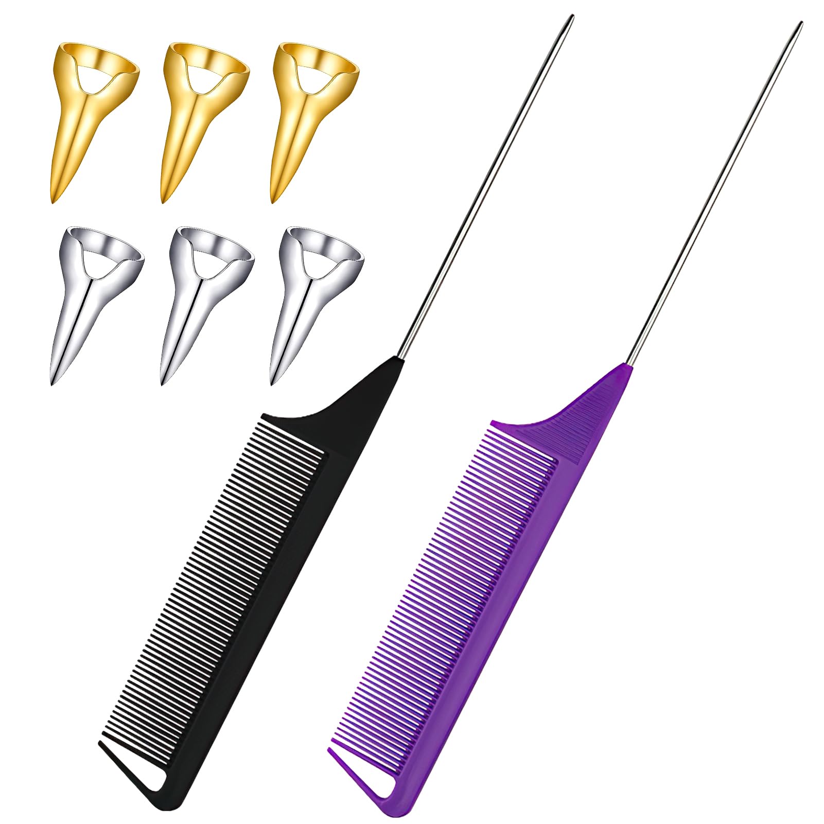 Hair Braiding Tool Set for Women, 8 Pcs Hair Parting Set with 2 Tail Combs and 6 Stitch Braid Finger Rings, Easy Hairstyling Accessories for Salon Quick and Neat Braids (Black & Purple)