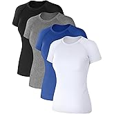 Coume 4 Pack Women's Compression Shirts Short Sleeve Workout Tops Running Athletic Yoga T-Shirt for Gym Sports Gear Quick Dry